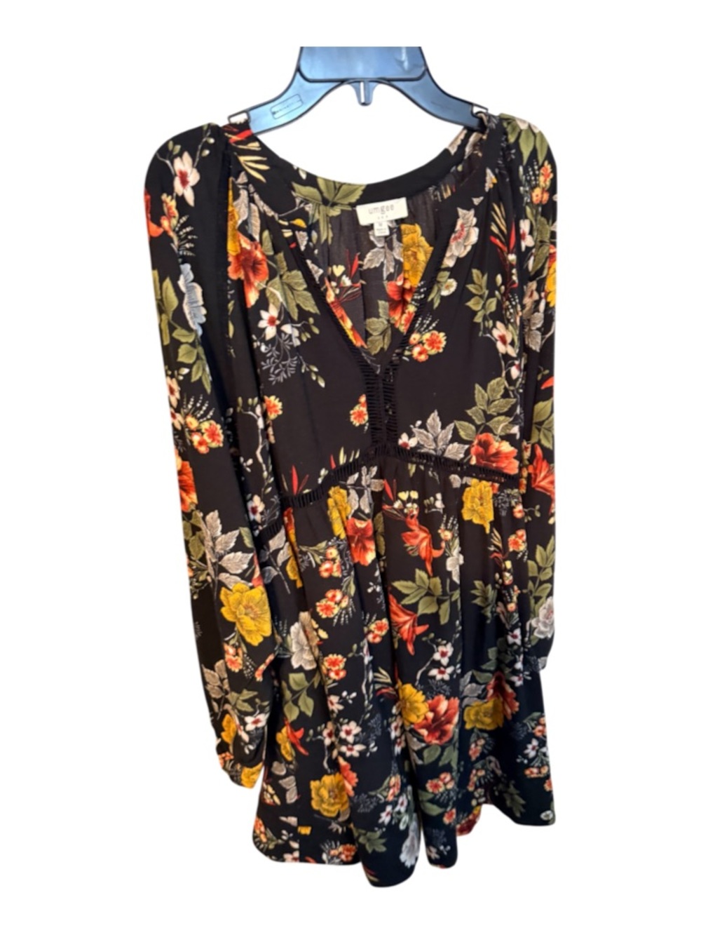 Umgee Black Floral V-Neck Midi Dress with Yellow & Orange Blooms